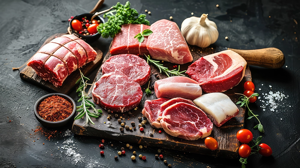 Rohes Fleisch mit Kräutern und Gewürzen auf einem Holzbrett