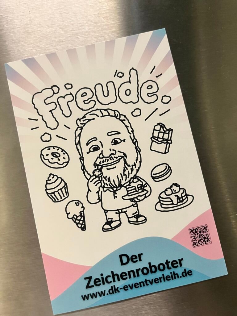 Bild zeigt eine Karikatur aus dem Zeichenroboter von Matthias mit vielen Süßigkeiten wie Kuchen, Eis, Schokolade und vielem mehr, Außerdem sieht er dicker aus als er ist.